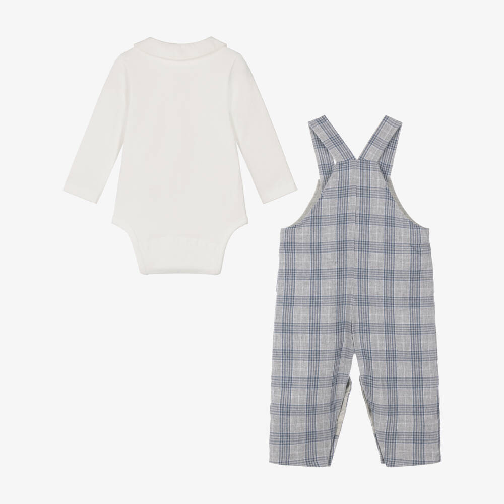Tartine et Chocolat-Baby Boys Grey & Blue Check Dungaree Set | Childrensalon