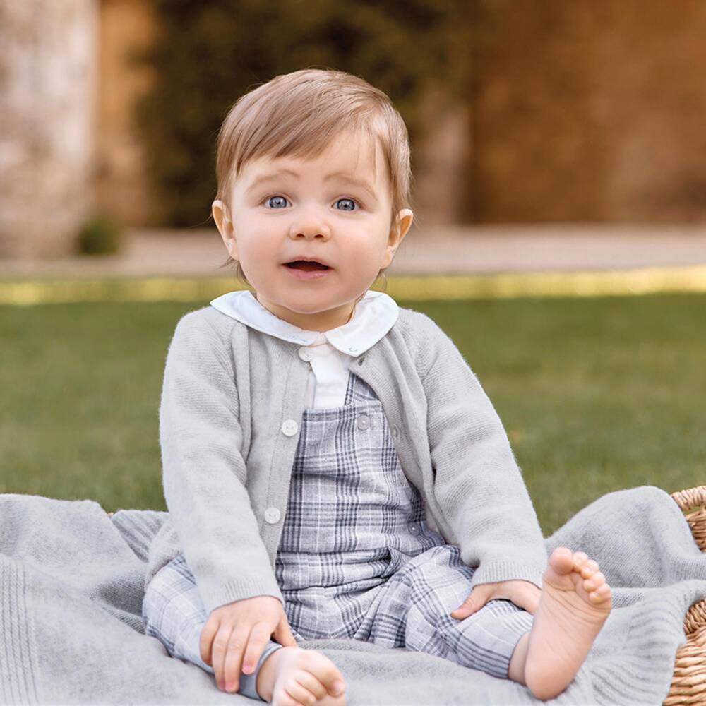 Tartine et Chocolat-Baby Boys Grey & Blue Check Dungaree Set | Childrensalon