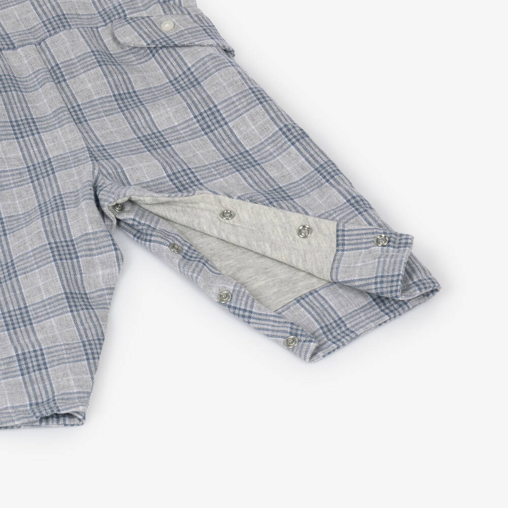 Tartine et Chocolat-Baby Boys Grey & Blue Check Dungaree Set | Childrensalon