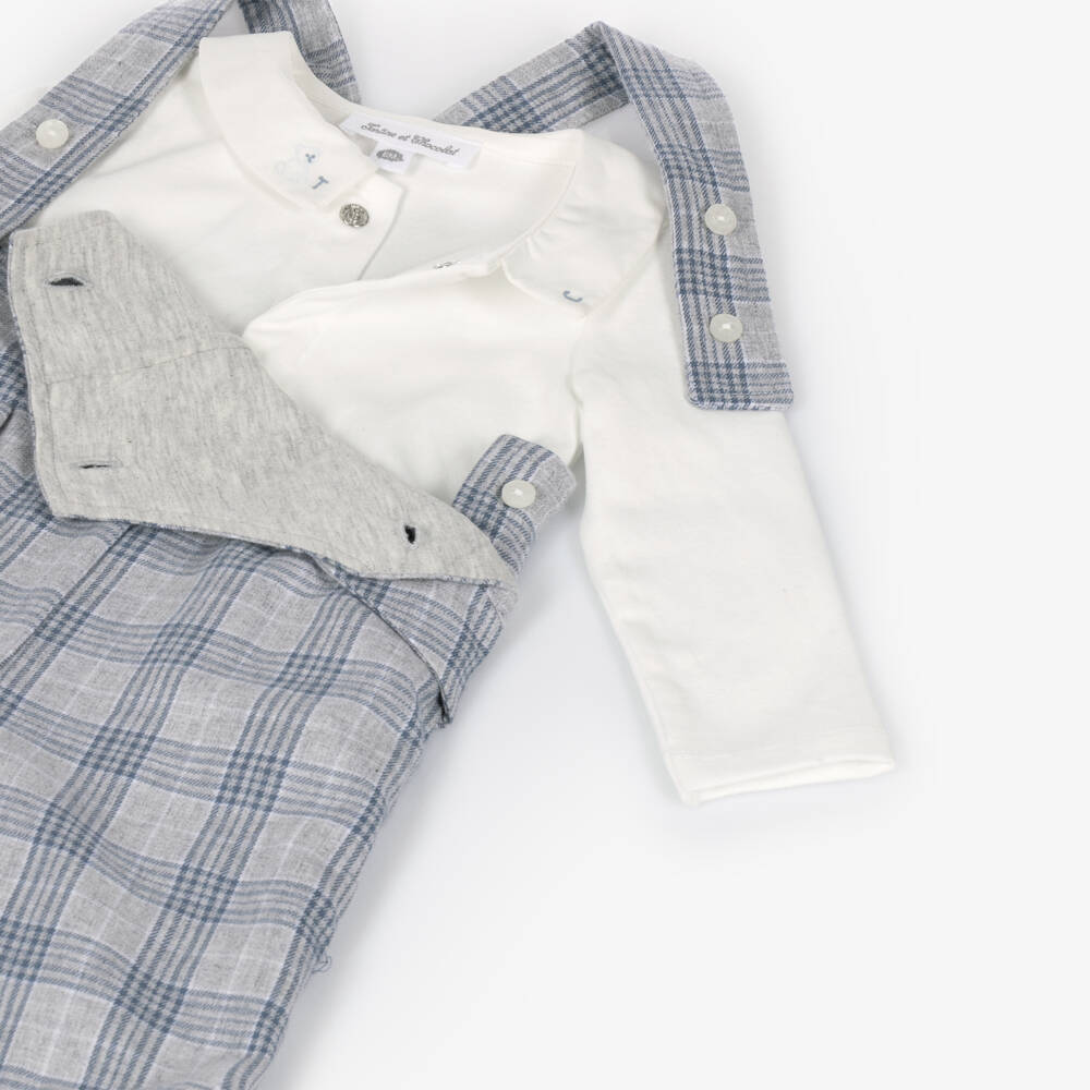Tartine et Chocolat-Baby Boys Grey & Blue Check Dungaree Set | Childrensalon