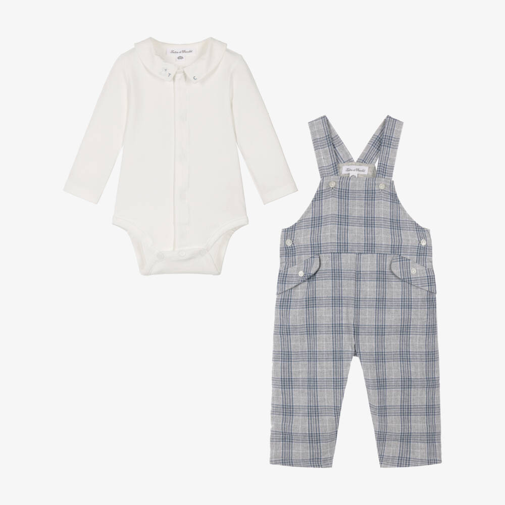 Tartine et Chocolat-Baby Boys Grey & Blue Check Dungaree Set | Childrensalon