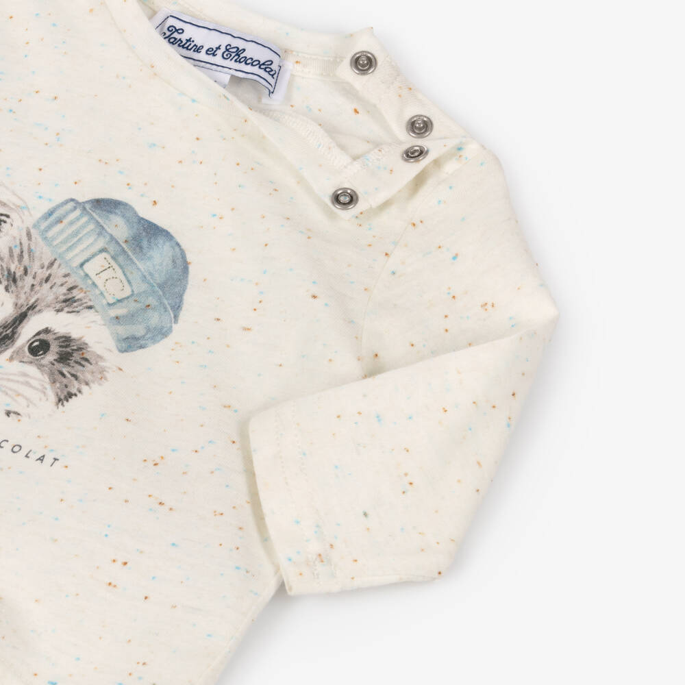 Tartine et Chocolat-Baby Boys Ivory Raccoon Print Cotton Jersey Top | Childrensalon