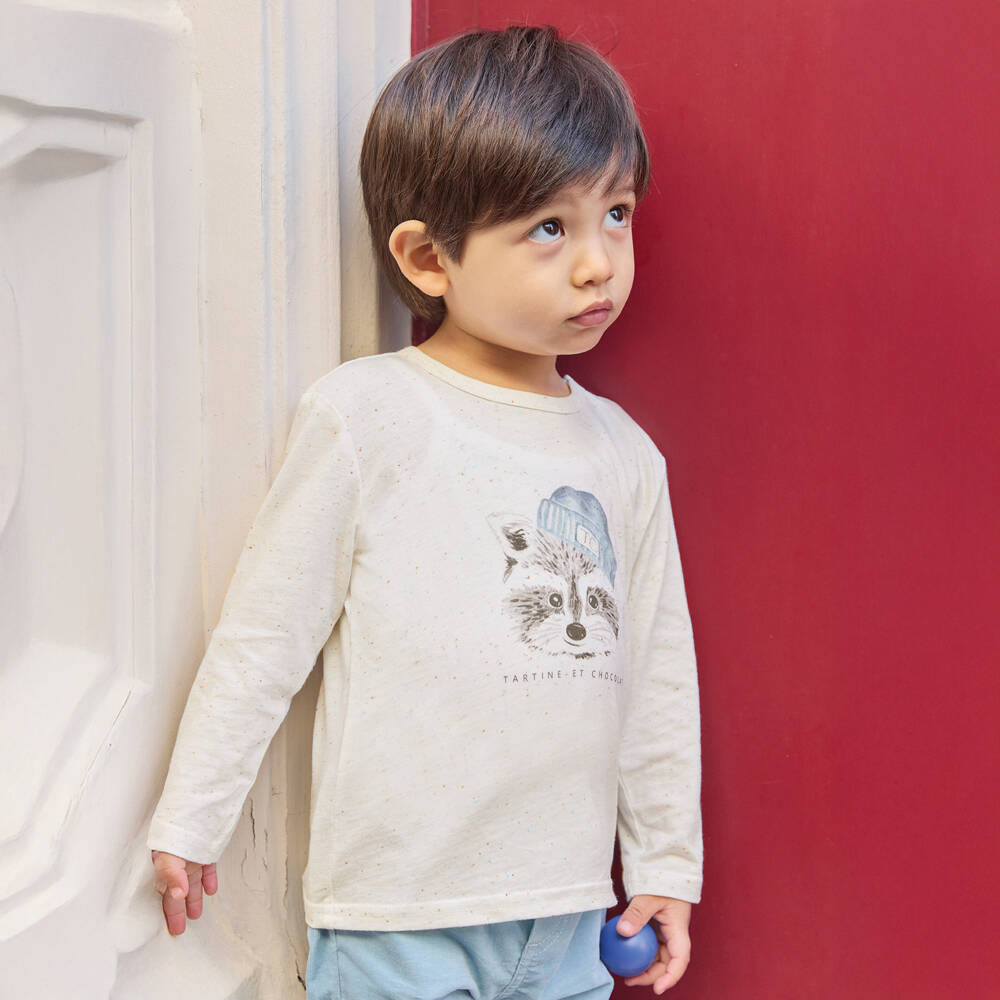 Tartine et Chocolat-Baby Boys Ivory Raccoon Print Cotton Jersey Top | Childrensalon