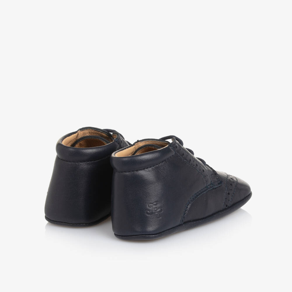 Tartine et Chocolat-Baby Boys Navy Blue Leather Brogue Pre-Walkers | Childrensalon