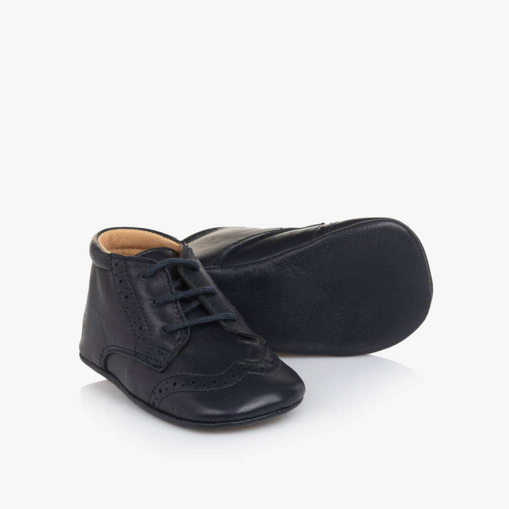 Tartine et Chocolat-Baby Boys Navy Blue Leather Brogue Pre-Walkers | Childrensalon