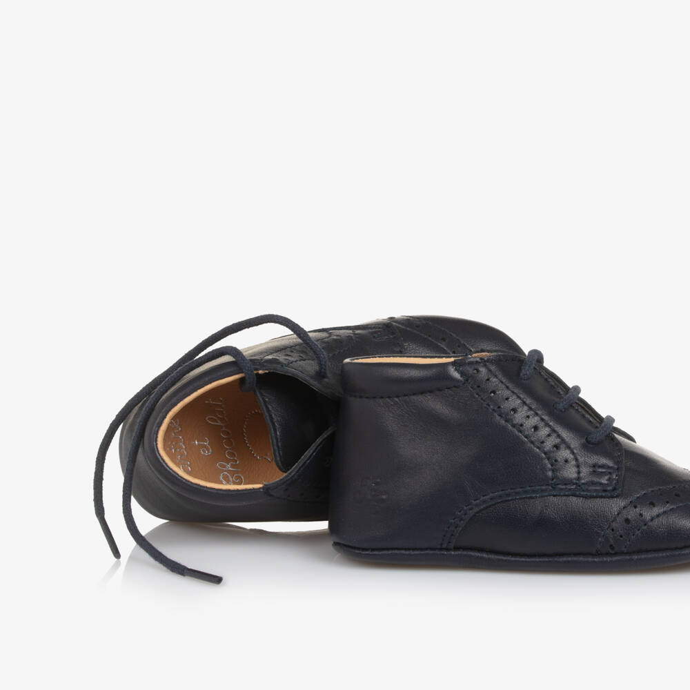 Tartine et Chocolat-Baby Boys Navy Blue Leather Brogue Pre-Walkers | Childrensalon