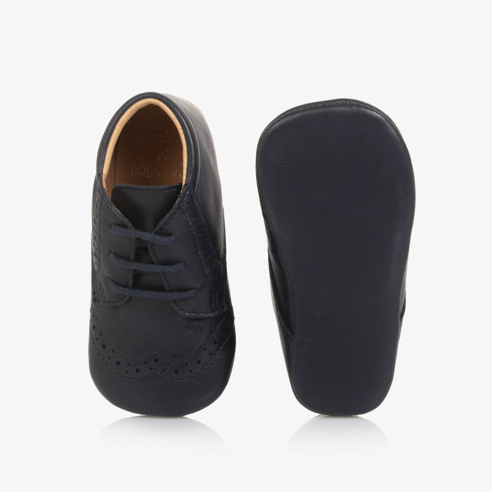 Tartine et Chocolat-Baby Boys Navy Blue Leather Brogue Pre-Walkers | Childrensalon
