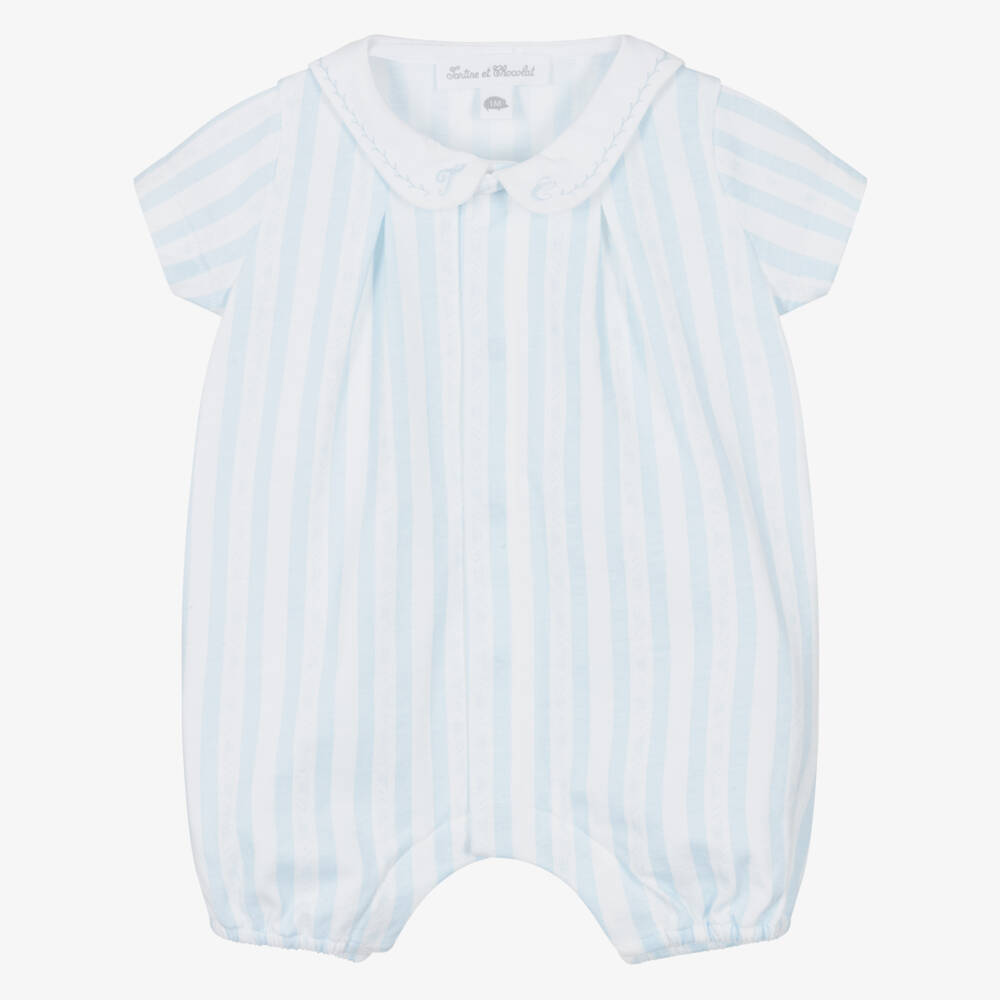 Tartine et Chocolat-Baby Boys Pale Blue & White Stripe Cotton Jersey Shortie | Childrensalon