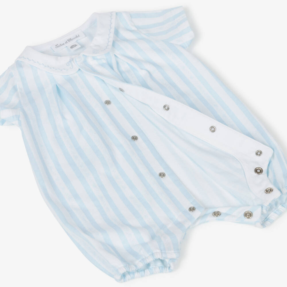 Tartine et Chocolat-Baby Boys Pale Blue & White Stripe Cotton Jersey Shortie | Childrensalon