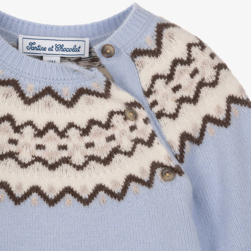 Tartine et Chocolat-Baby Boys Pastel Blue Fair Isle Wool Sweater | Childrensalon