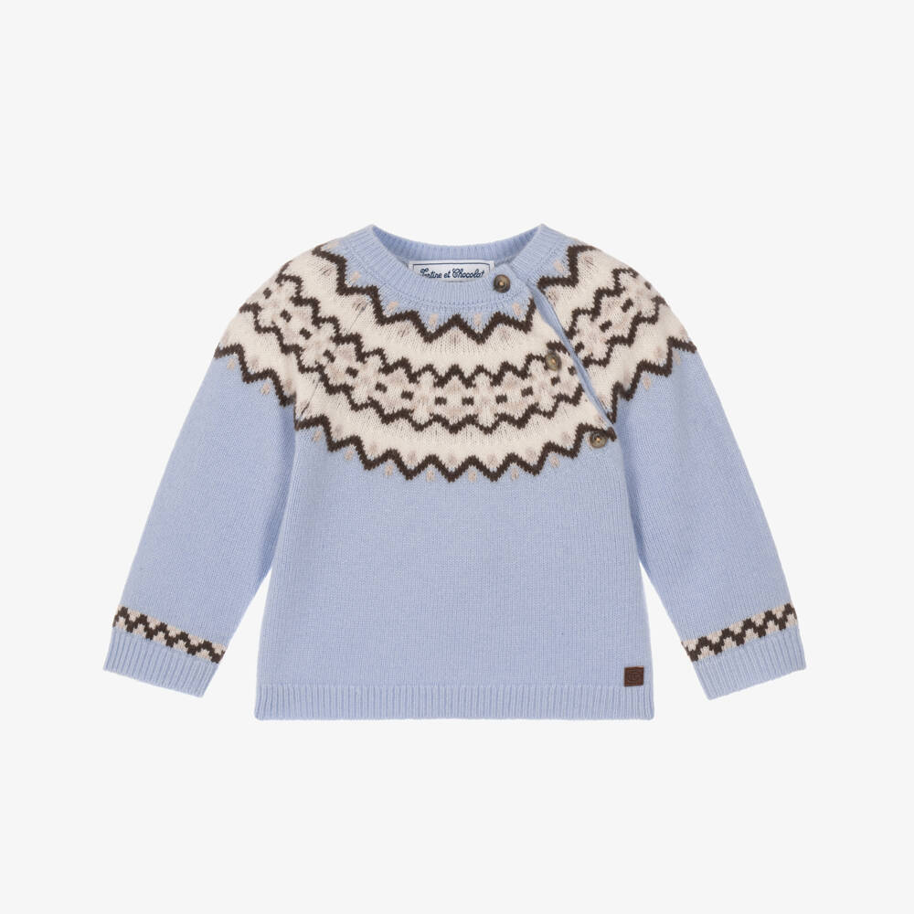 Tartine et Chocolat-Baby Boys Pastel Blue Fair Isle Wool Sweater | Childrensalon