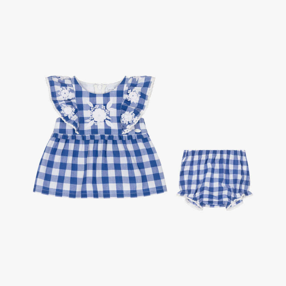 Tartine et Chocolat-Baby Girls Blue Cotton Embroidered Gingham Shorts Set  | Childrensalon