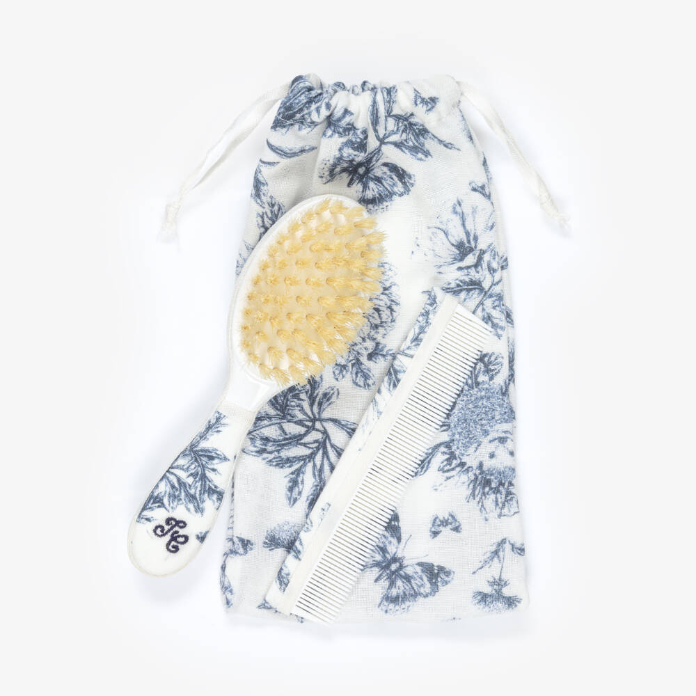 Tartine et Chocolat-Baby Girls Blue Toile De Jouy Brush & Comb Set | Childrensalon