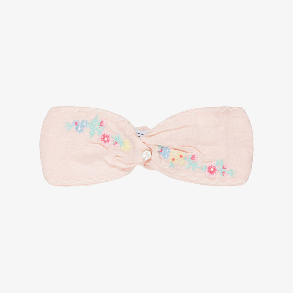Tartine et Chocolat-Baby Girls Embroidered Pink Linen Headband | Childrensalon