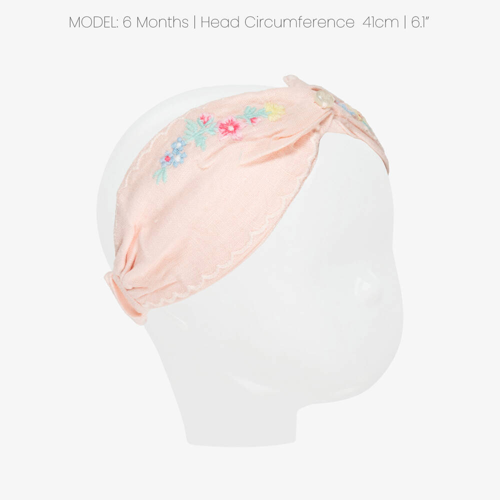 Tartine et Chocolat-Baby Girls Embroidered Pink Linen Headband | Childrensalon
