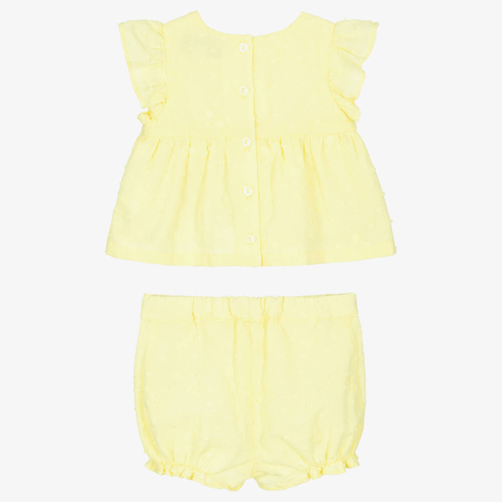 Tartine et Chocolat-Baby Girls Embroidered Yellow Plumetis Cotton Shorts Set | Childrensalon