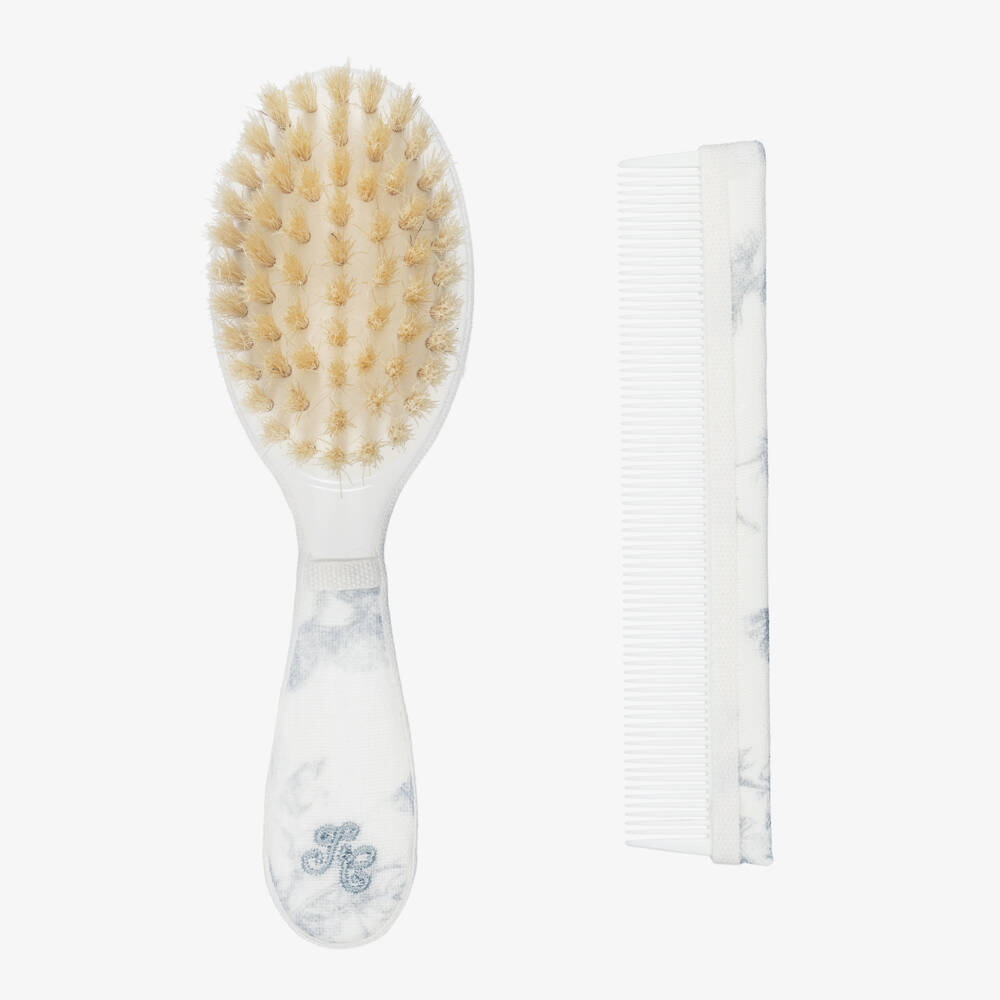 Tartine et Chocolat-Baby Girls Grey Toile De Jouy Brush & Comb Set | Childrensalon