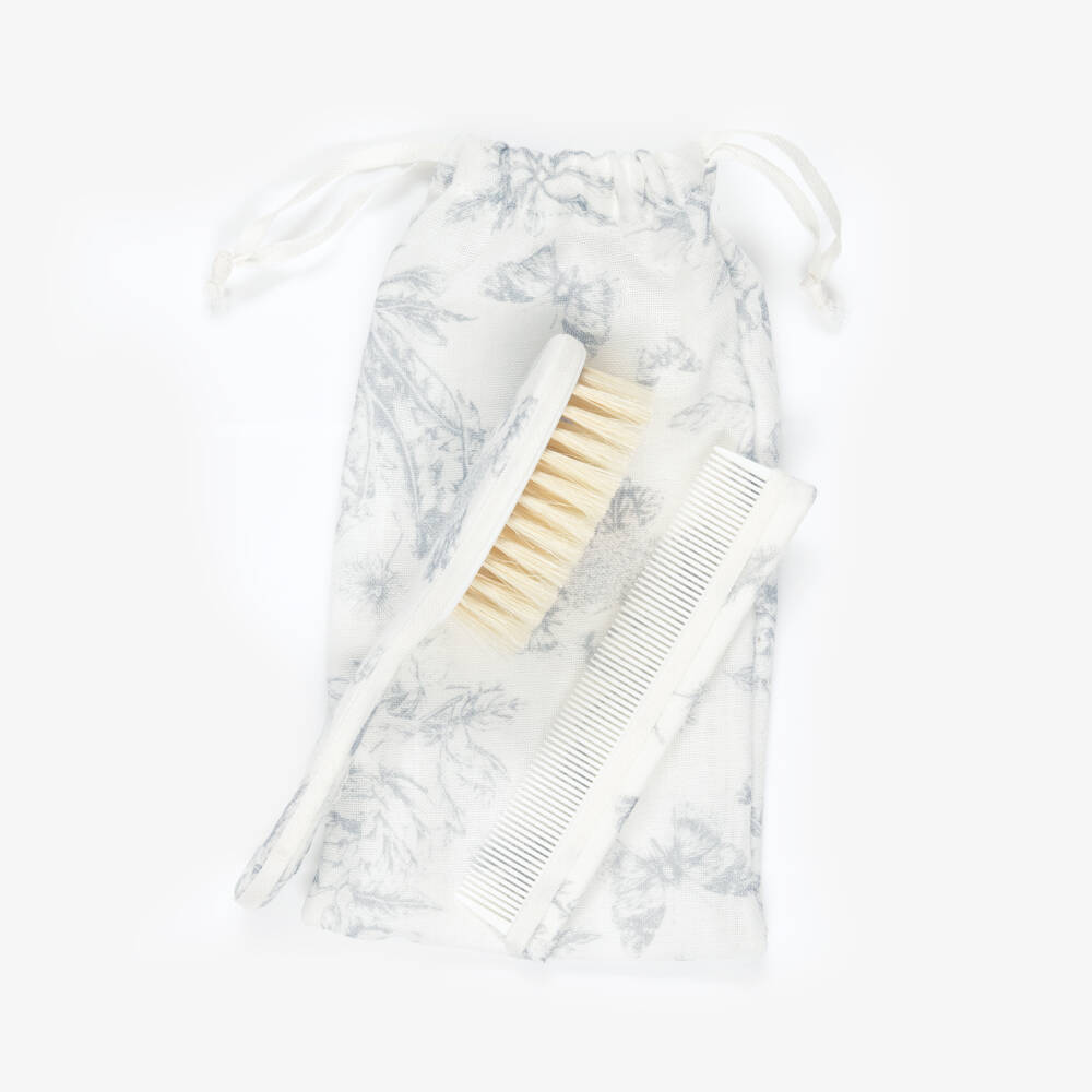 Tartine et Chocolat-Baby Girls Grey Toile De Jouy Brush & Comb Set | Childrensalon