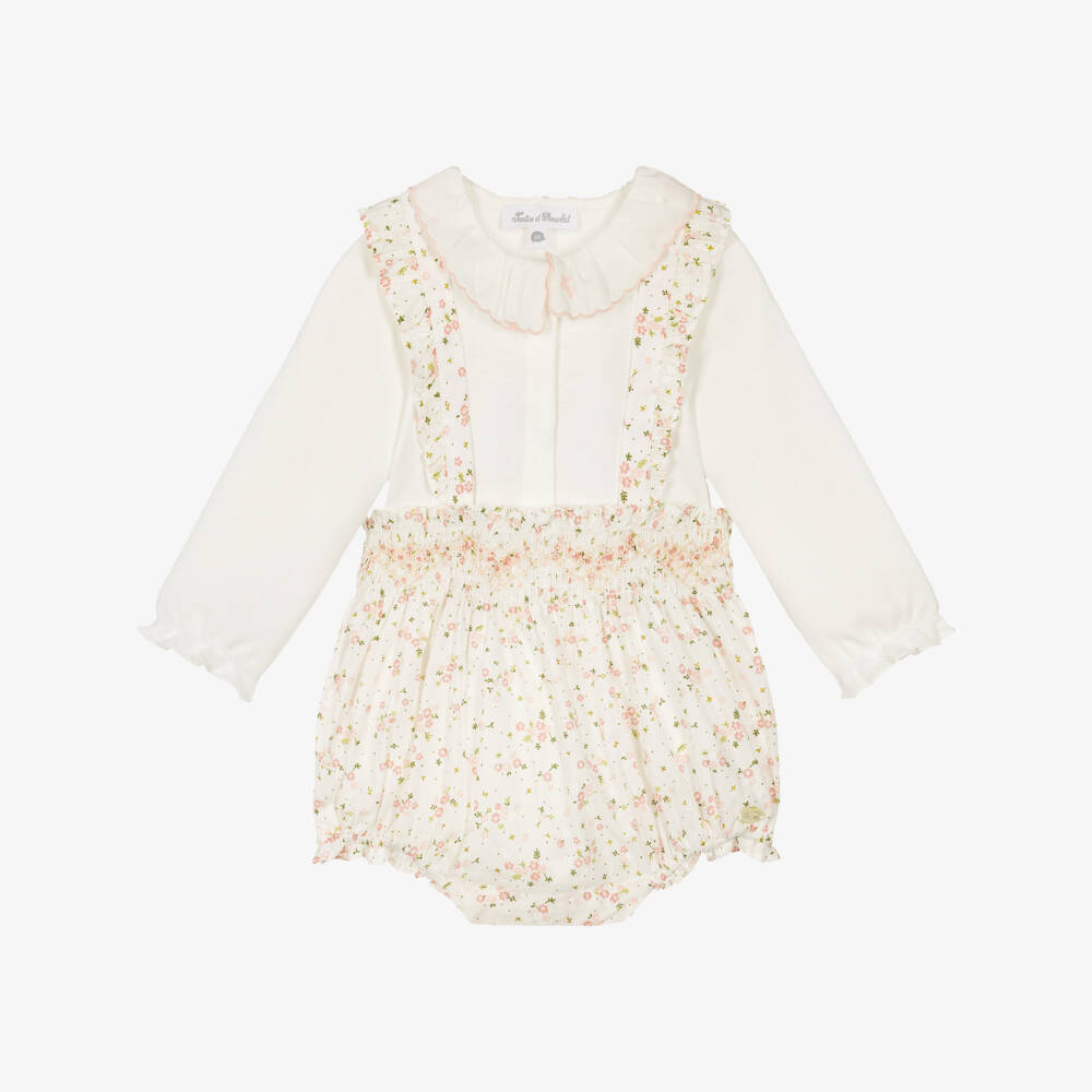 Tartine et Chocolat-Baby Girls Ivory Bodysuit & Pink Floral Cotton Shorts Set | Childrensalon