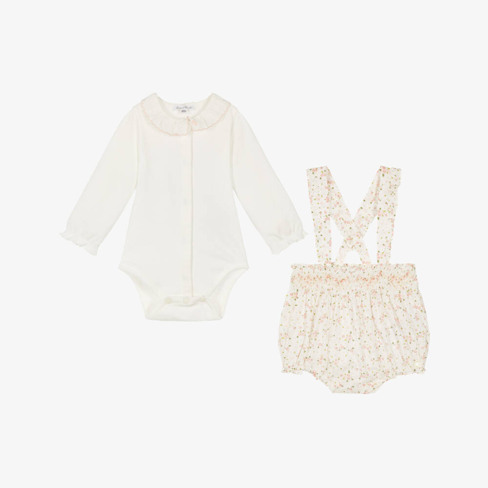 Tartine et Chocolat-Baby Girls Ivory Bodysuit & Pink Floral Cotton Shorts Set | Childrensalon