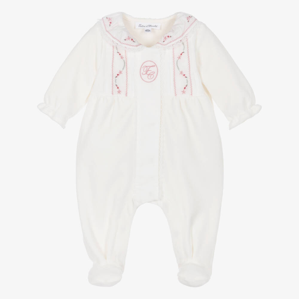 Tartine et Chocolat-Baby Girls Ivory Embroidered Velour Babygrow | Childrensalon