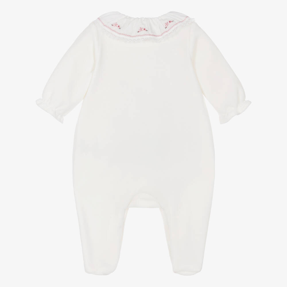 Tartine et Chocolat-Baby Girls Ivory Embroidered Velour Babygrow | Childrensalon