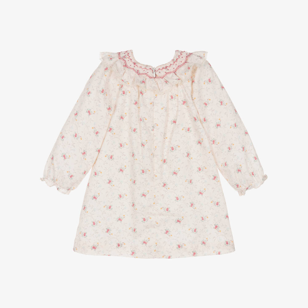 Tartine et Chocolat-Baby Girls Ivory & Pink Cotton Floral Dress with Hand Smocking | Childrensalon