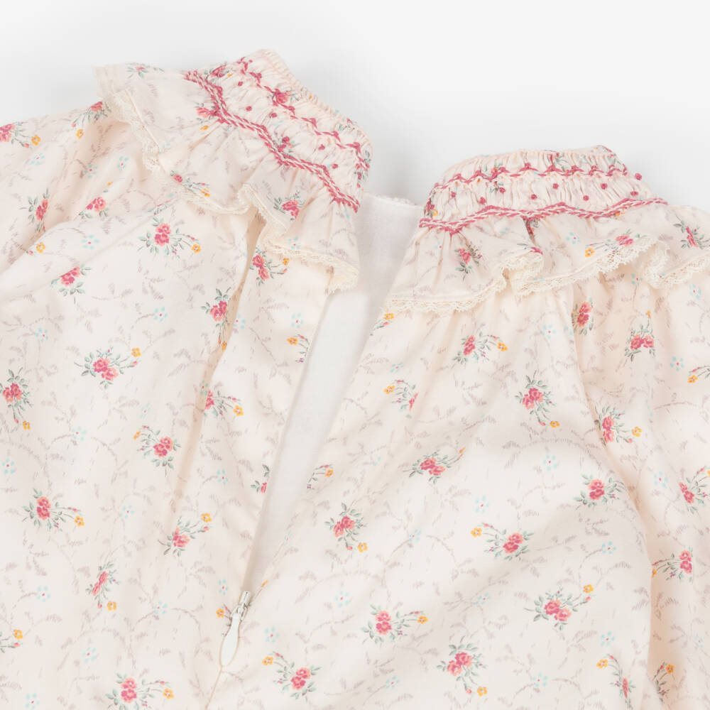 Tartine et Chocolat-Baby Girls Ivory & Pink Cotton Floral Dress with Hand Smocking | Childrensalon