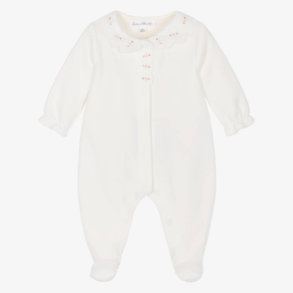 Tartine et Chocolat-Baby Girls Ivory Velour Babygrow with Scalloped Collar | Childrensalon