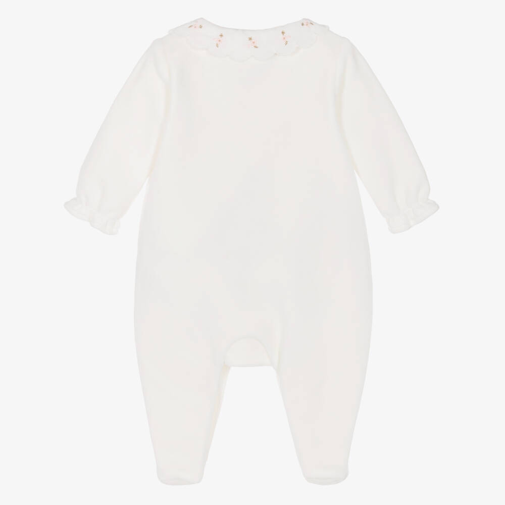 Tartine et Chocolat-Baby Girls Ivory Velour Babygrow with Scalloped Collar | Childrensalon