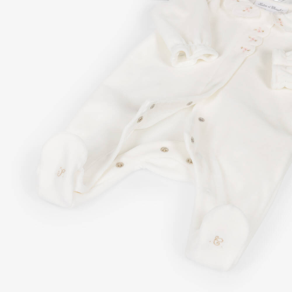 Tartine et Chocolat-Baby Girls Ivory Velour Babygrow with Scalloped Collar | Childrensalon