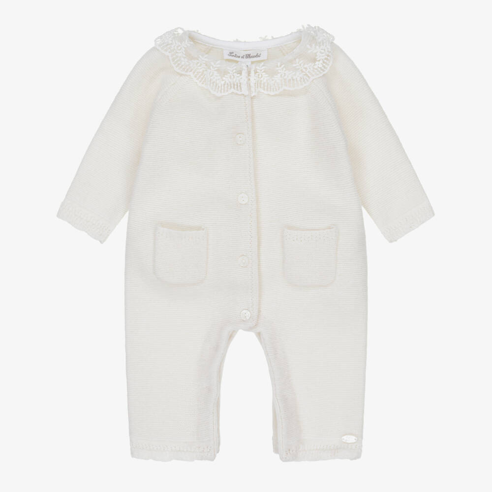Tartine et Chocolat-Baby Girls Ivory Wool & Cashmere Romper with Lace Collar | Childrensalon