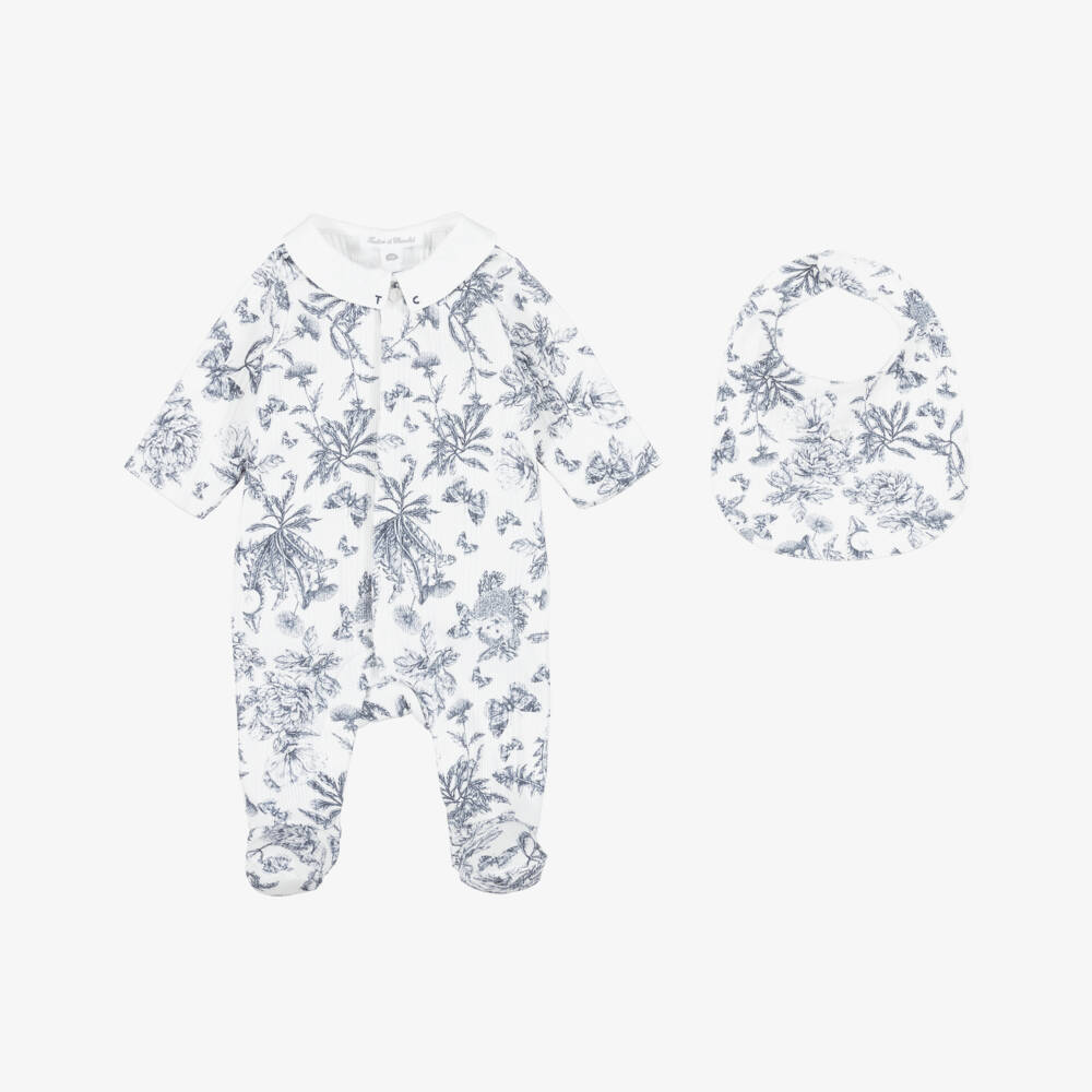 Tartine et Chocolat-Baby Girls Navy Blue Toile de Jouy Babysuit Set | Childrensalon