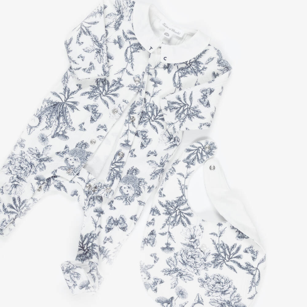Tartine et Chocolat-Baby Girls Navy Blue Toile de Jouy Babysuit Set | Childrensalon