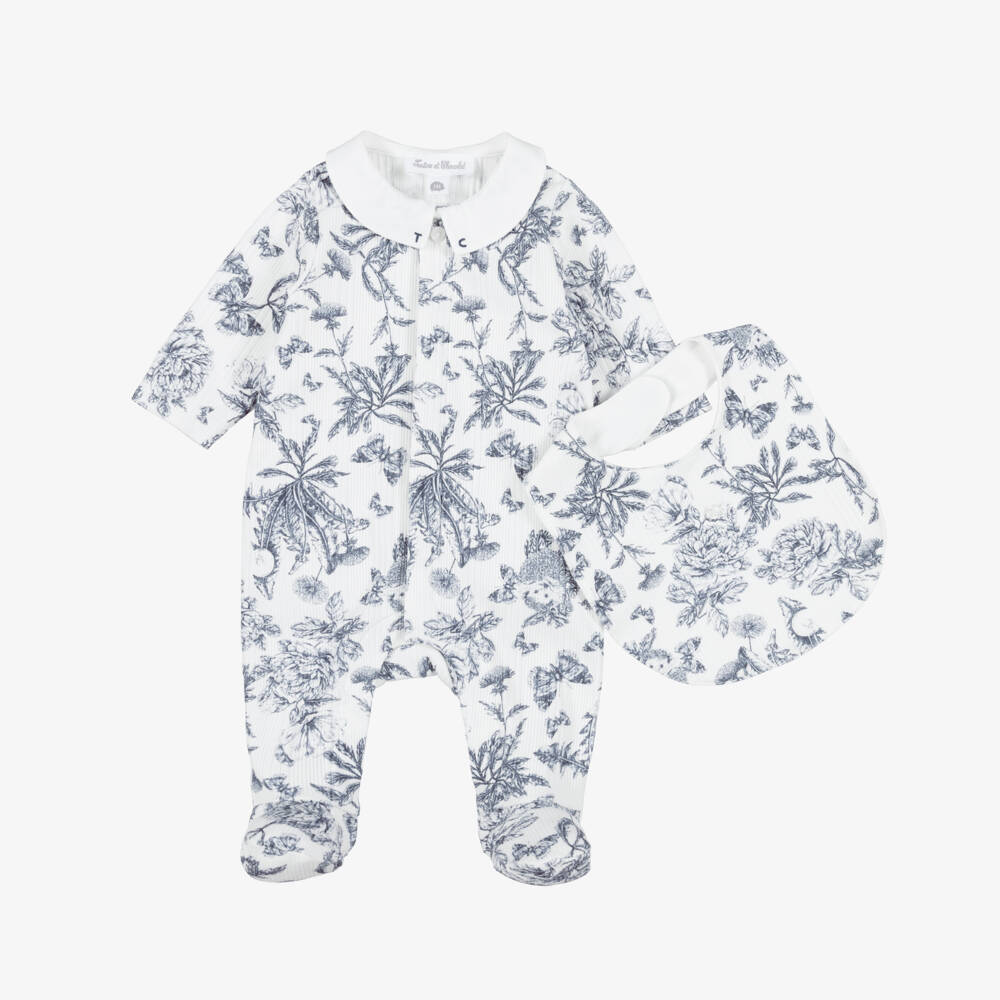 Tartine et Chocolat-Baby Girls Navy Blue Toile de Jouy Babysuit Set | Childrensalon