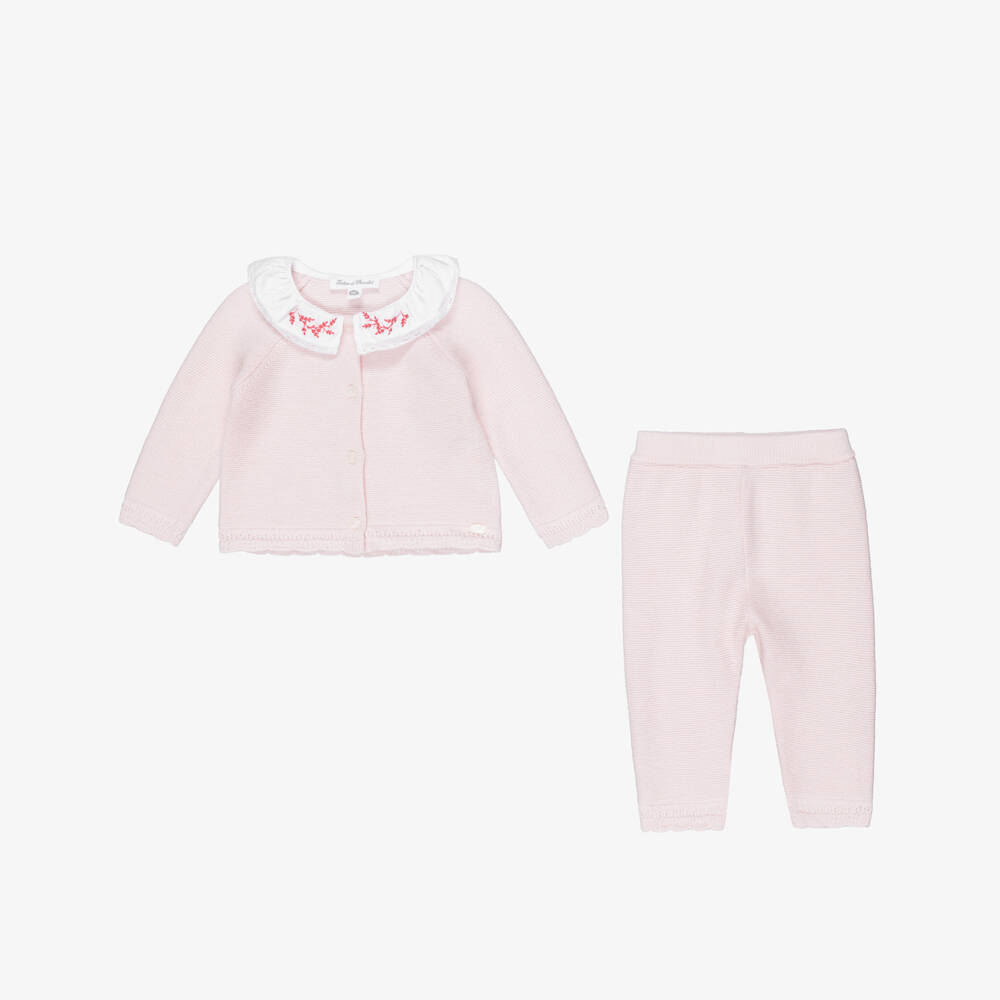 Tartine et Chocolat-Baby Girls Pale Pink Wool & Cashmere Trouser Set | Childrensalon