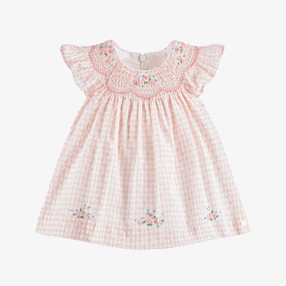 Tartine et Chocolat-Baby Girls Peach Pink Cotton Dress with Floral Embroidery | Childrensalon