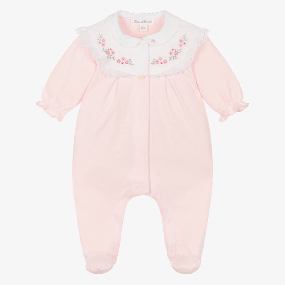 Tartine et Chocolat-Baby Girls Pink Cotton Babygrow with Floral Embroidery | Childrensalon