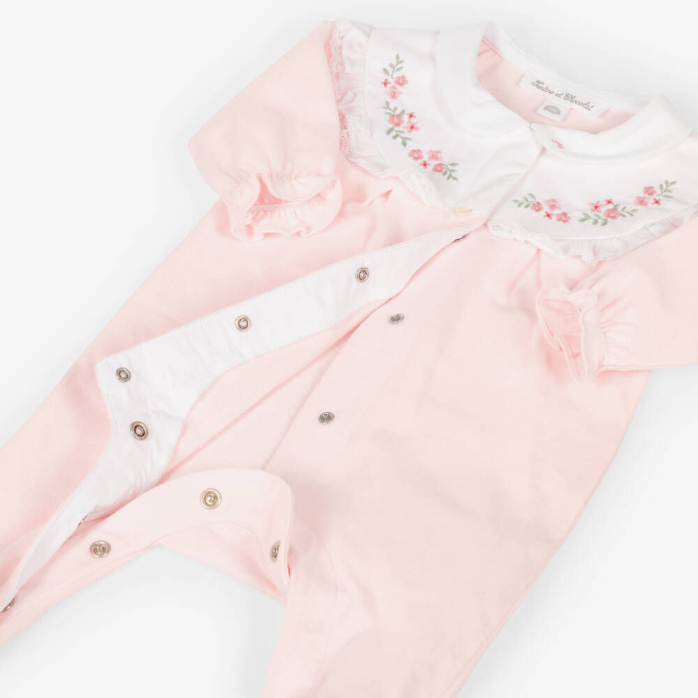 Tartine et Chocolat-Baby Girls Pink Cotton Babygrow with Floral Embroidery | Childrensalon