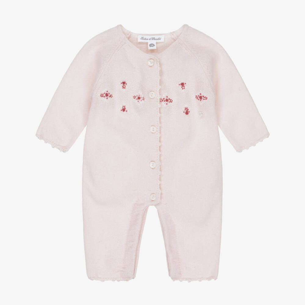 Tartine et Chocolat-Baby Girls Pink Cotton & Wool Hand-Embroidered Romper | Childrensalon