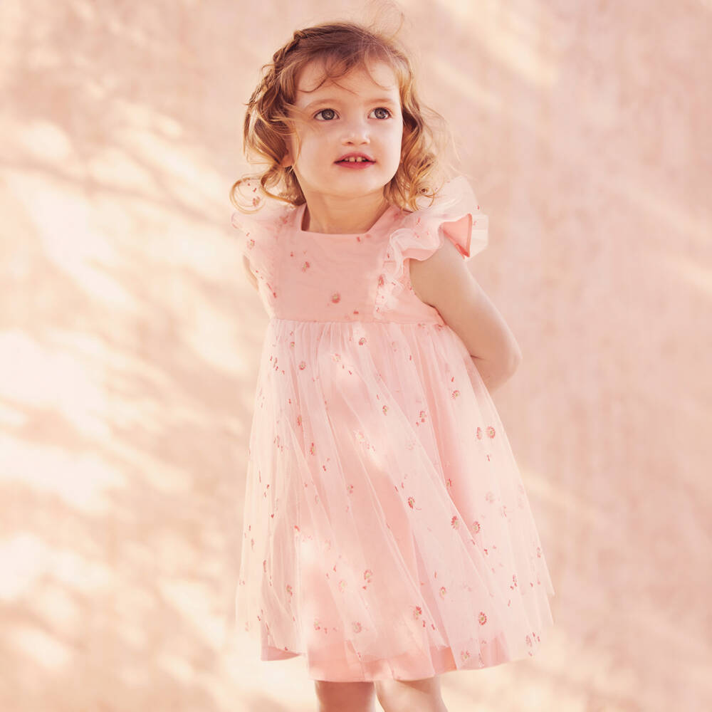 Tartine et Chocolat-Baby Girls Pink Embroidered Tulle Dress | Childrensalon