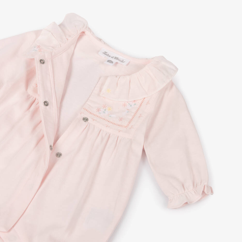 Tartine et Chocolat-Baby Girls Pink Jersey Babygrow with Floral Embroidery | Childrensalon