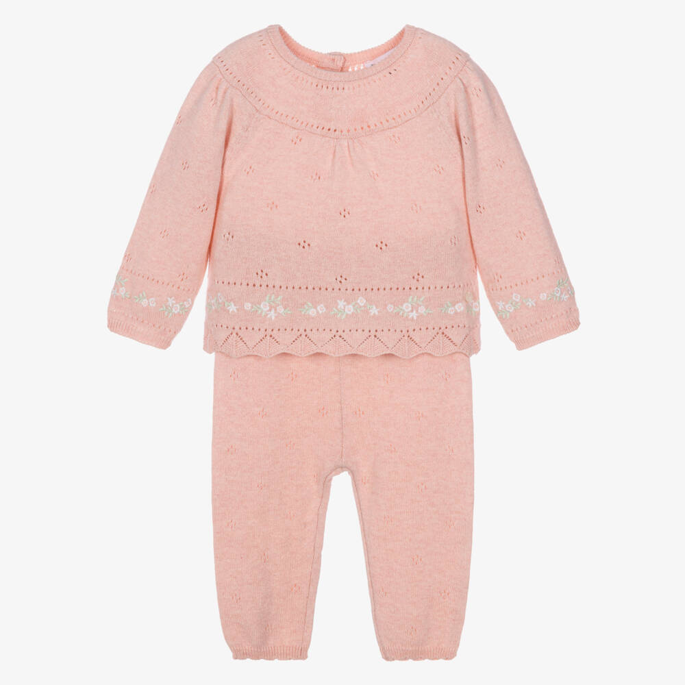 Tartine et Chocolat-Baby Girls Pink Pointelle Knit Trouser Set | Childrensalon