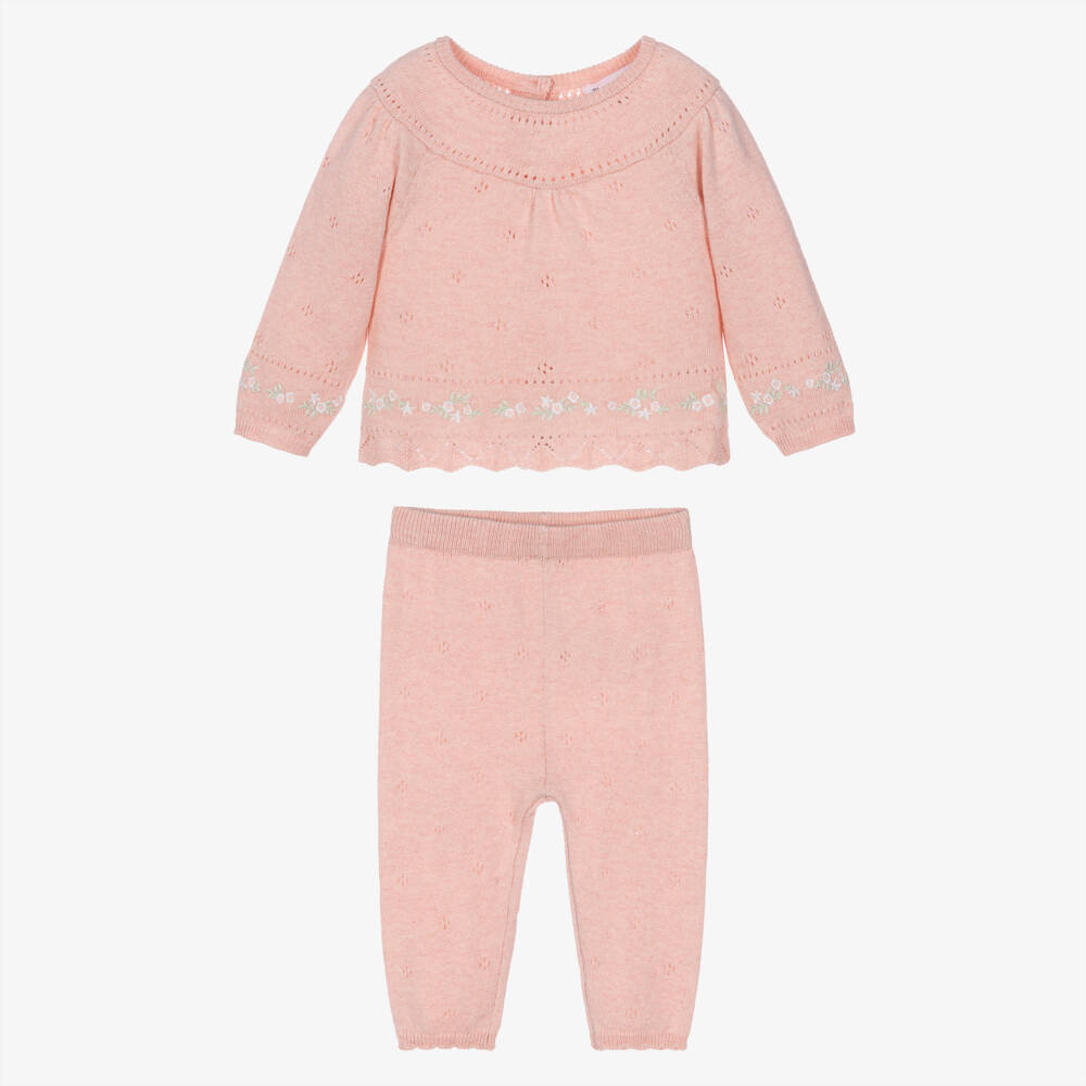 Tartine et Chocolat-Baby Girls Pink Pointelle Knit Trouser Set | Childrensalon