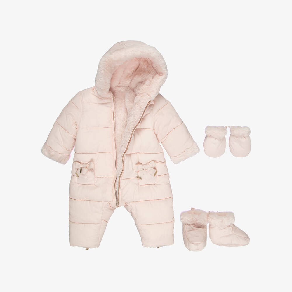 Tartine et Chocolat-Baby Girls Pink Reversible Snowsuit with Booties & Mittens | Childrensalon