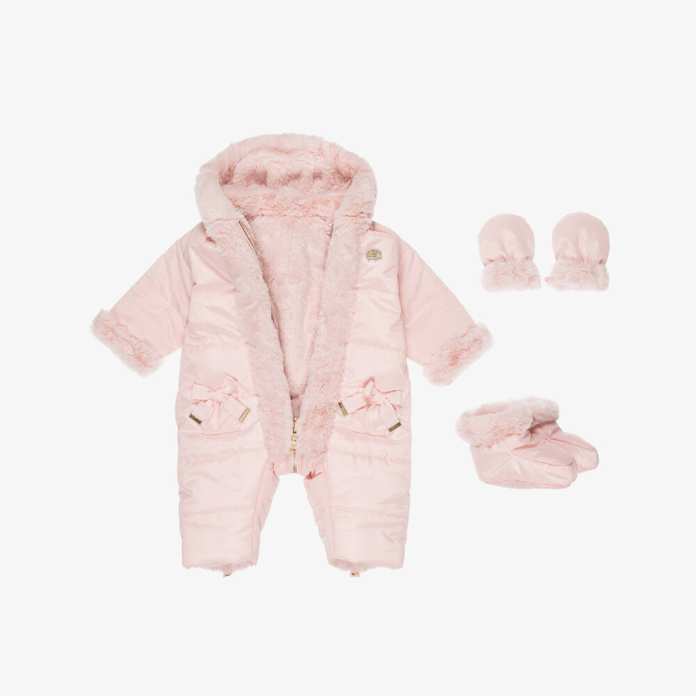 Tartine et Chocolat-Baby Girls Pink Reversible Snowsuit with Booties & Mittens | Childrensalon