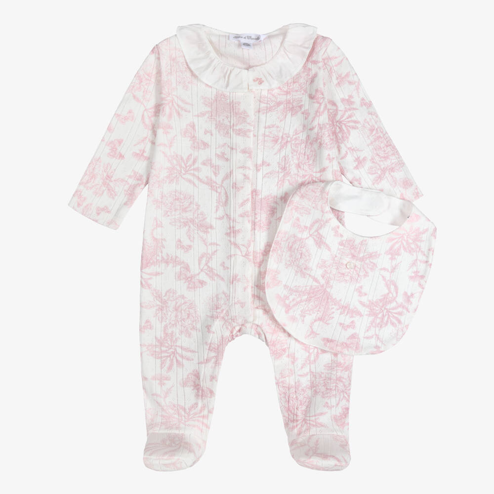 Tartine et Chocolat-Baby Girls Pink Toile de Jouy Babysuit Gift Set | Childrensalon