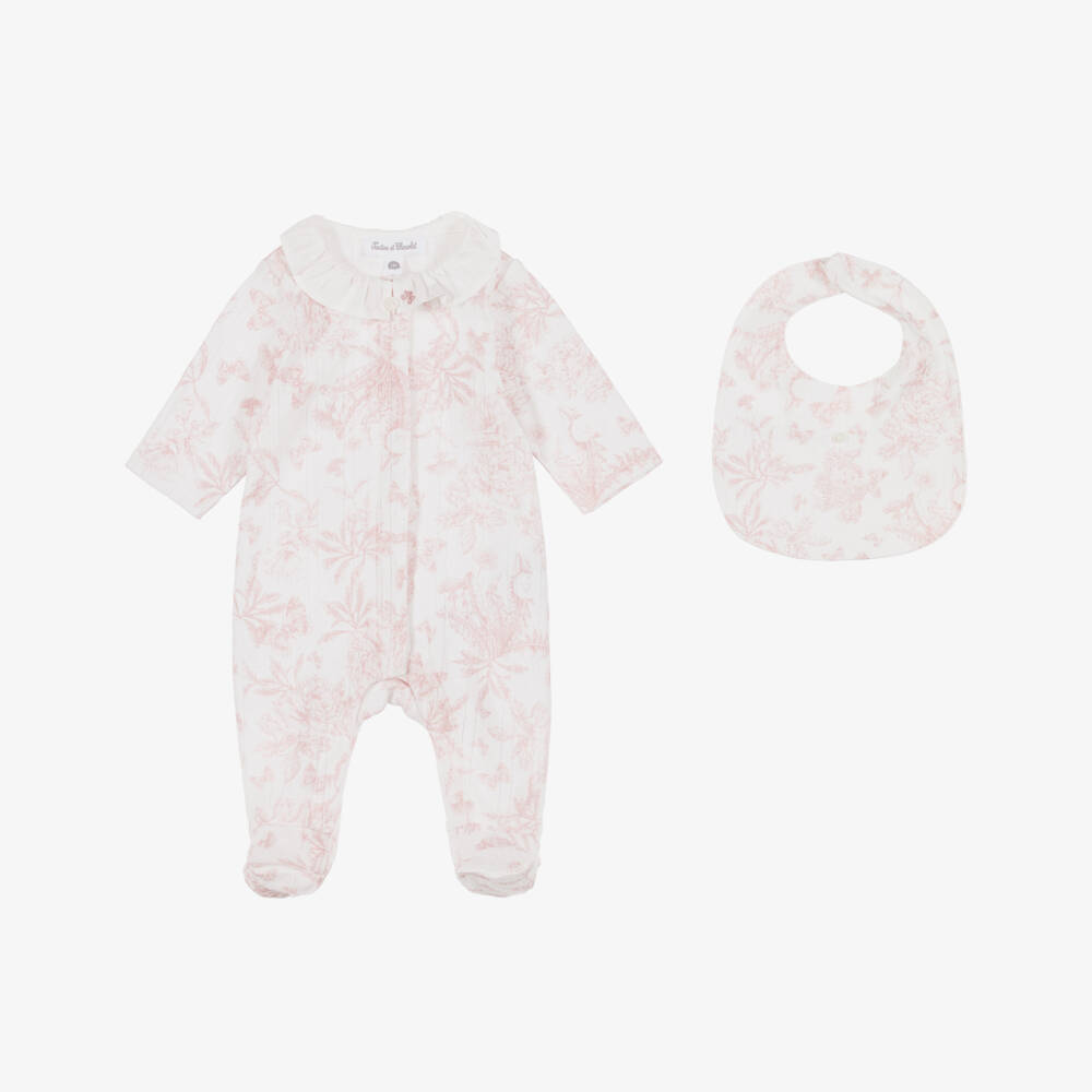 Tartine et Chocolat-Baby Girls Pink Toile de Jouy Babysuit Set | Childrensalon