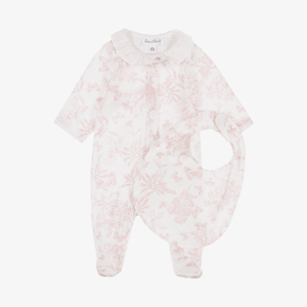 Tartine et Chocolat-Baby Girls Pink Toile de Jouy Babysuit Set | Childrensalon