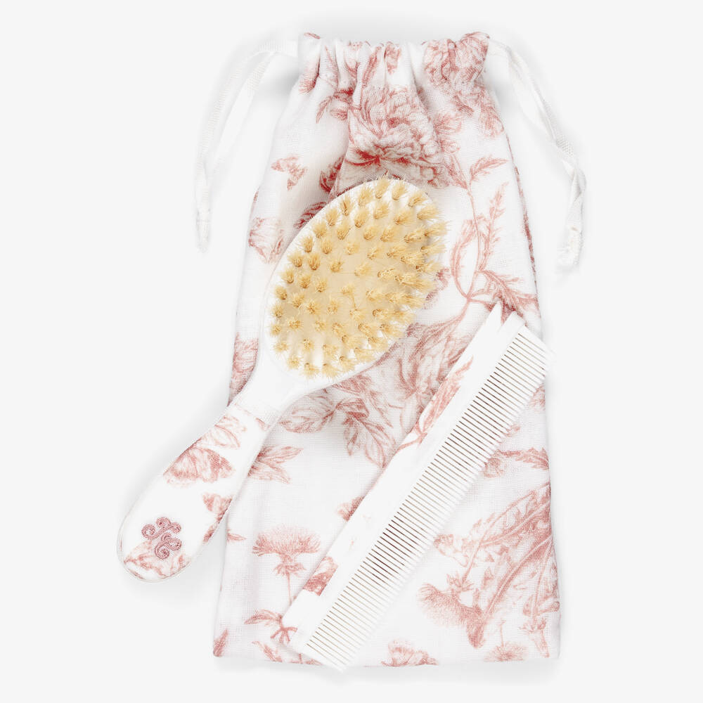 Tartine et Chocolat-Baby Girls Pink Toile De Jouy Brush & Comb Set | Childrensalon